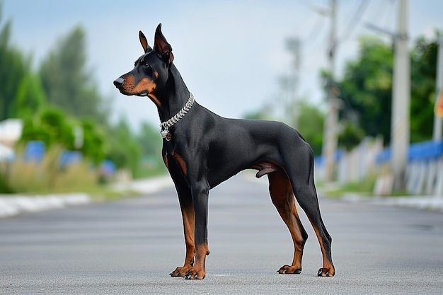 Alerte Doberman pinscher debout sur le sentier à l'extérieur