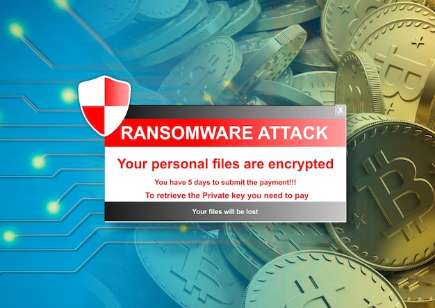 Photo alerte de ransomware sur une illustration 3d de fond de bitcoins