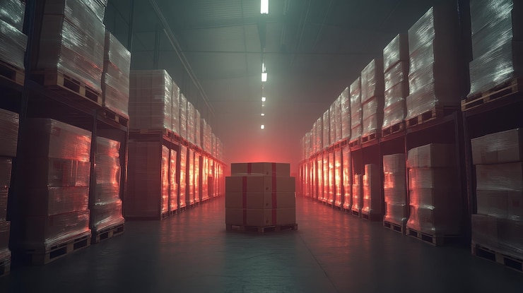 Photo alertes de contrôle de distribution sur ordinateur proche ajustements efficaces du débit entrepôt de distribution de superposition futuriste