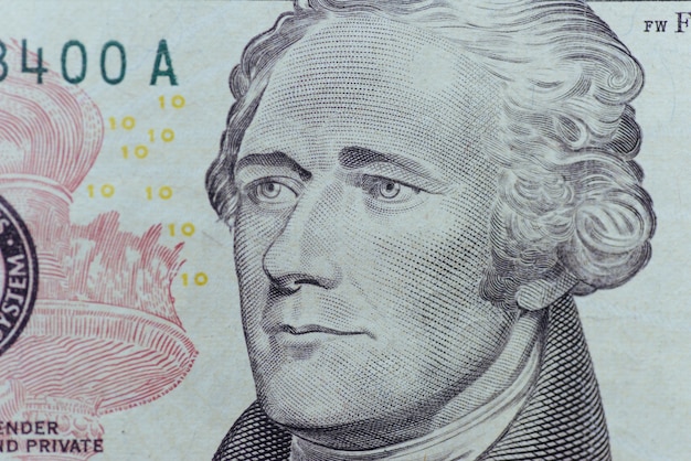 Alexander Hamilton face au projet de loi de dix ou dix dollars américain, gros plan de l'argent des États-Unis