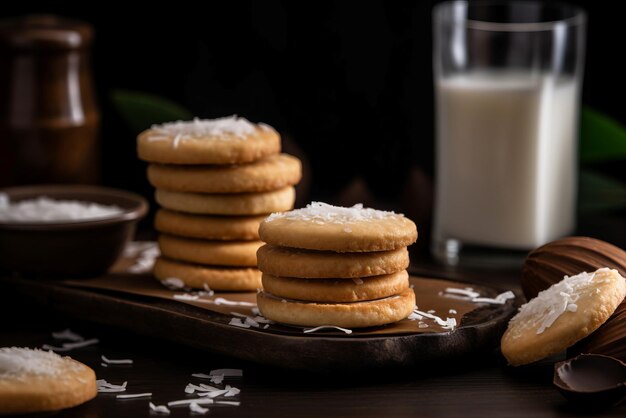 Alfajores biscuits de noix de coco avec un verre de lait biscuits de pâtisserie de dessert traditionnels d'Amérique du Sud Générer ai