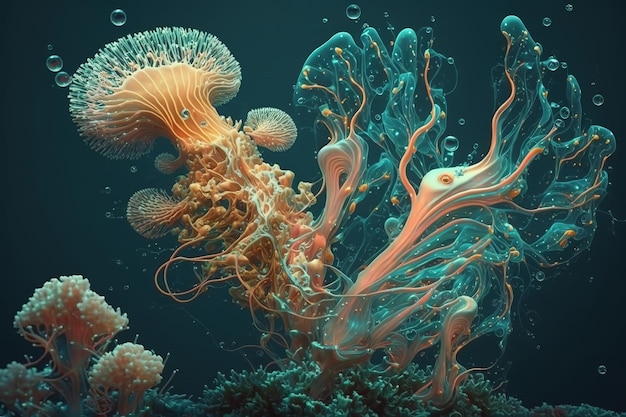 Algues oranges et coraux au fond de la mer IA générative