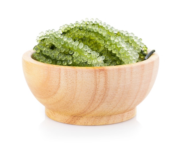 Algues de raisins de mer (caviar vert) dans un bol sur blanc