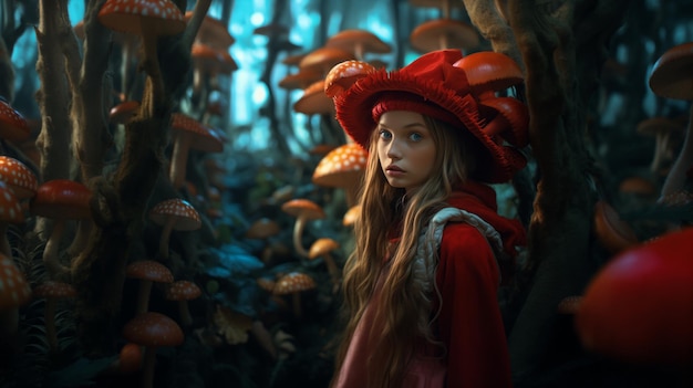 Alice au pays des merveilles une forêt fabuleuse de grands champignons une fille dans un conte de fées champignons arbres champignons volent agarics