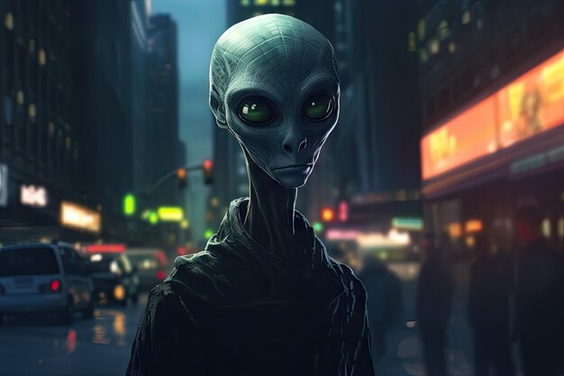 Alien dans les rues d'une grande ville sur une soirée brumeuse par generative ai