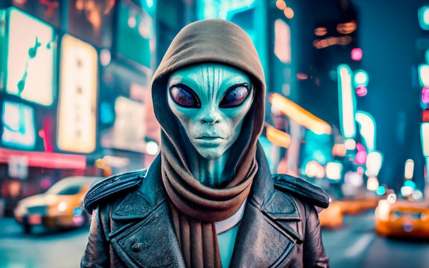 Photo alien in the city concept d'invasion extraterrestre généré par l'ia