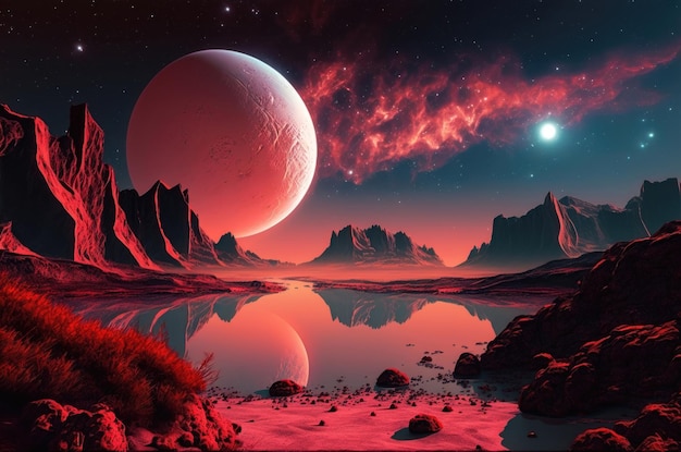 Alien Planet Un paysage fantastique avec un ciel rouge et des étoiles AI Generation