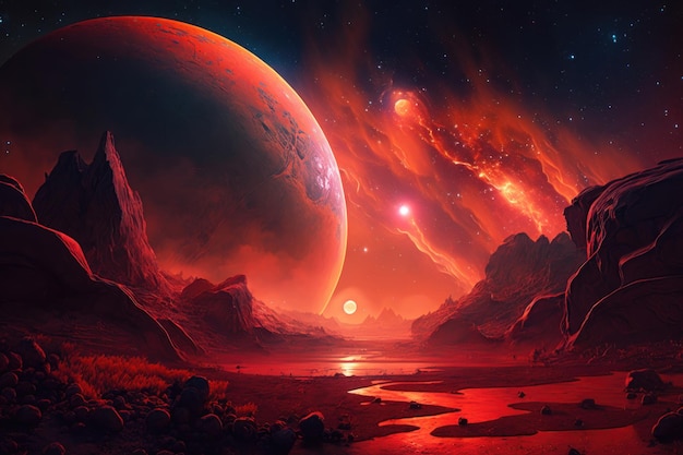 Alien Planet Un paysage fantastique avec un ciel rouge et des étoiles AI Generation