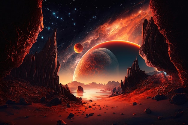 Alien Planet Un paysage fantastique avec un ciel rouge et des étoiles AI Generation