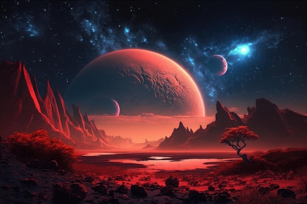 Alien Planet Un paysage fantastique avec un ciel rouge et des étoiles AI Generation