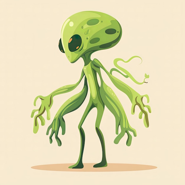 Photo un alien vert amical se tient avec les bras tendus avec de grands yeux captivants sur un fond jaune joyeux