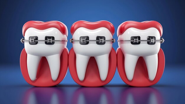 Alignement des dentelles trois dents blanches avec des dentelles sur un fond bleu rendu en 3D