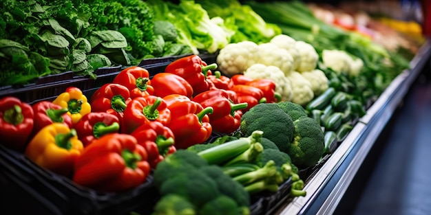 Alimentation biologique fraîche, écologique, diététique, légumes sur les étagères des magasins, nourriture saine et lumineuse, art graphique.