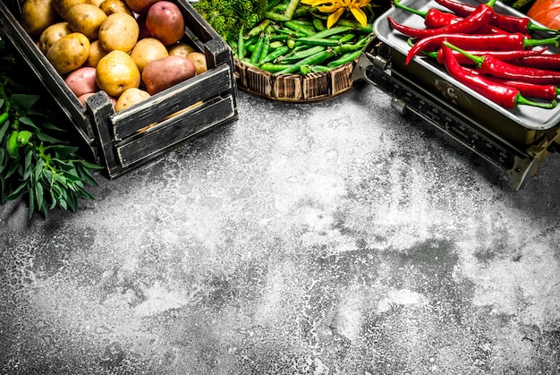 Alimentation biologique. Légumes frais dans une boîte et piment sur des écailles. Sur un fond rustique.