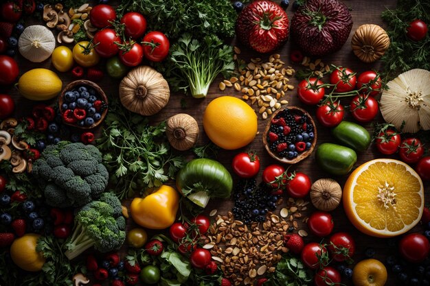 Alimentation saine, alimentation propre, sélection de légumes, fruits, noix, baies et champignons, persil, épices