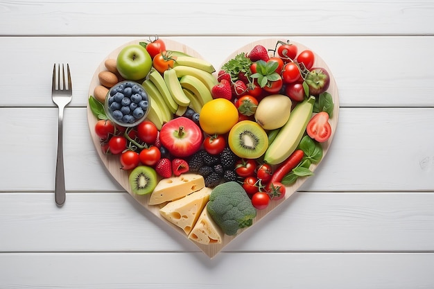 Alimentation saine dans le régime alimentaire du cœur concept abstrait sur des planches blanches