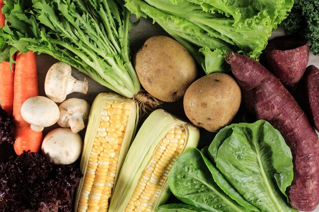 Alimentation saine, divers légumes frais feuille sur un fond en bois de marbre brun. Vue de dessus. Copiez l'espace. Chou frisé, laitue, laitue mauve, endive, carotte, champignon, maïs, patate douce mauve, pomme de terre