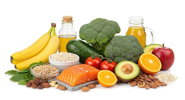 Une alimentation saine et équilibrée avec des fruits, des légumes, du saumon et des noix