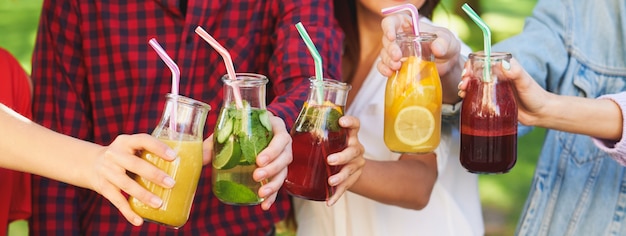 Alimentation saine. Groupe de personnes buvant une cure de désintoxication de jus de fruits frais sur fond de nature verdoyante.