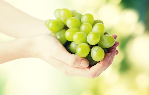 alimentation saine, régime alimentaire, aliments biologiques et concept humain - gros plan sur des mains de femme tenant une grappe de raisin vert sur fond naturel