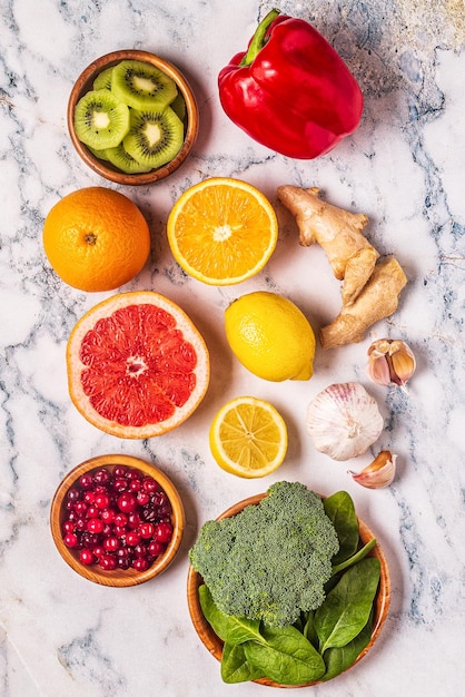 Aliments qui stimulent le système immunitaire, vue de dessus.