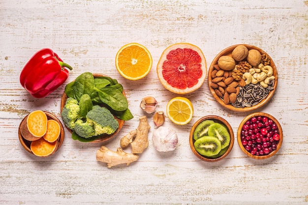 Aliments qui stimulent le système immunitaire, vue de dessus.