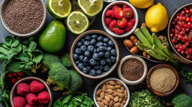 Photo aliments sains alimentation propre sélection fruits graines de légumes superaliments céréales légumes-feuilles