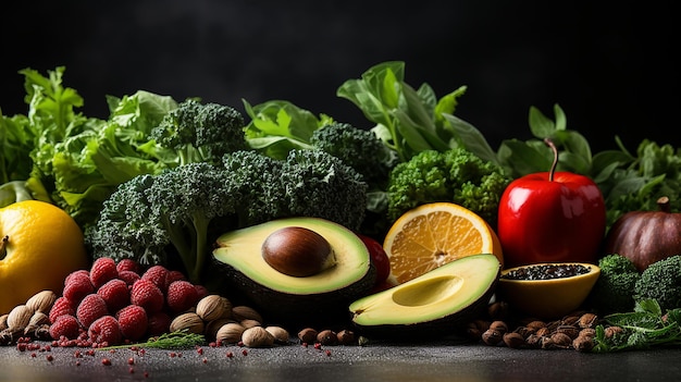 Aliments sains alimentation saine sélection fruits graines de légumes céréales superaliments légumes-feuilles