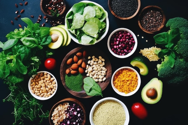 Aliments santé à base de plantes pour une alimentation éthique et une planète saine, y compris les légumineuses légumes noix g