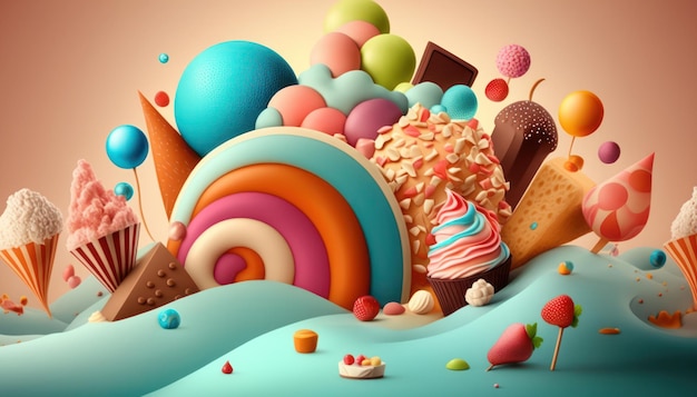 Aliments sucrés bonbons dessert fond coloré illustration graphique