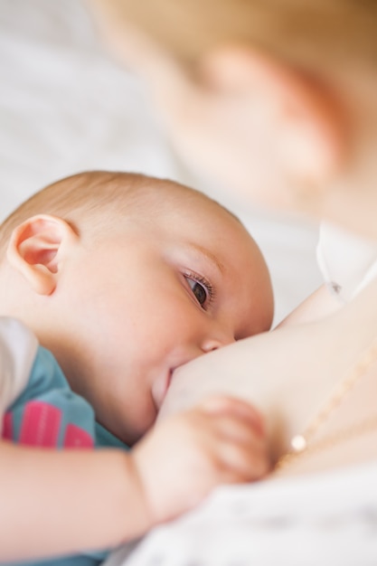 Allaitement d'un bébé de sept mois, joue avec les vêtements de sa mère