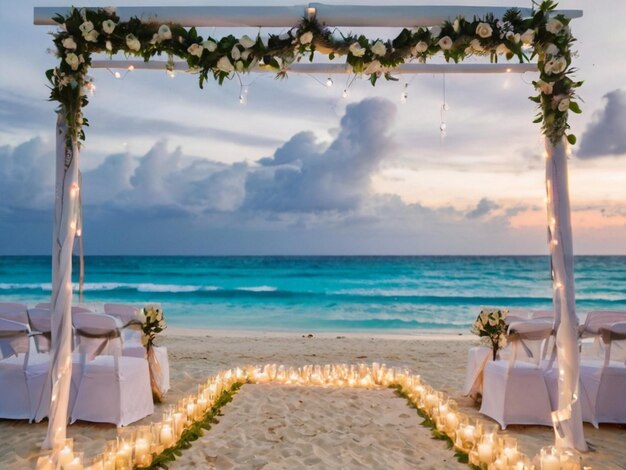 allée de la cérémonie de mariage dans une arche tropicale sur la plage entourée