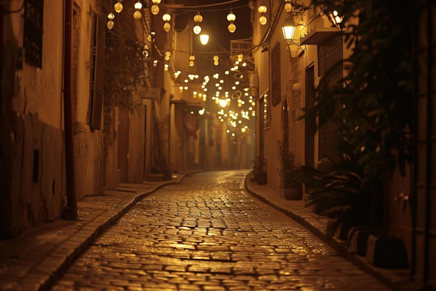 Une allée déserte de Médine éclairée par la douce lueur des lumières arabes