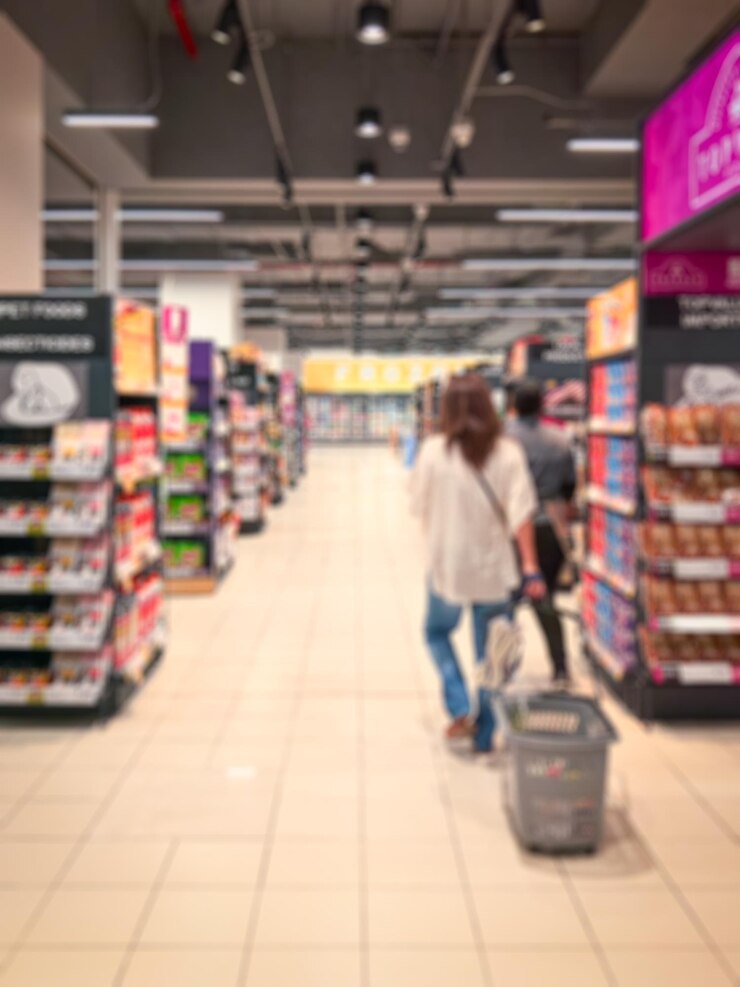 L'allée du supermarché avec les acheteurs