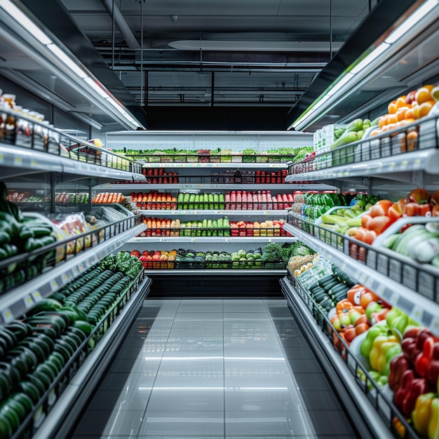 L'allée du supermarché et les légumes frais sur l'étagère avec des étagères colorées assortiment varié de pr