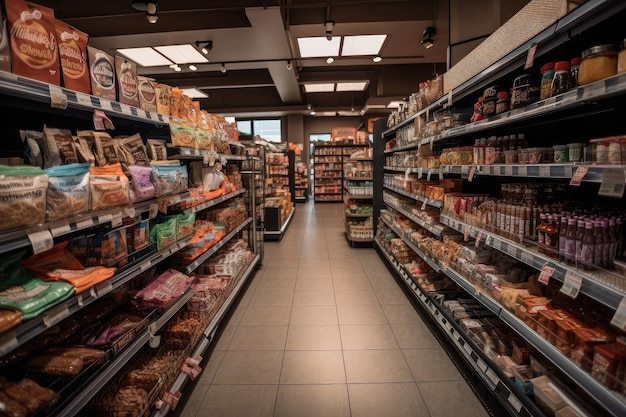 Allée d'épicerie remplie de collations saines, de boissons et de plats prêts à manger pour les végétaliens