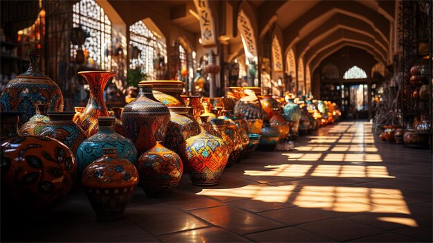 Photo une allée étroite avec des pots et des vases colorés