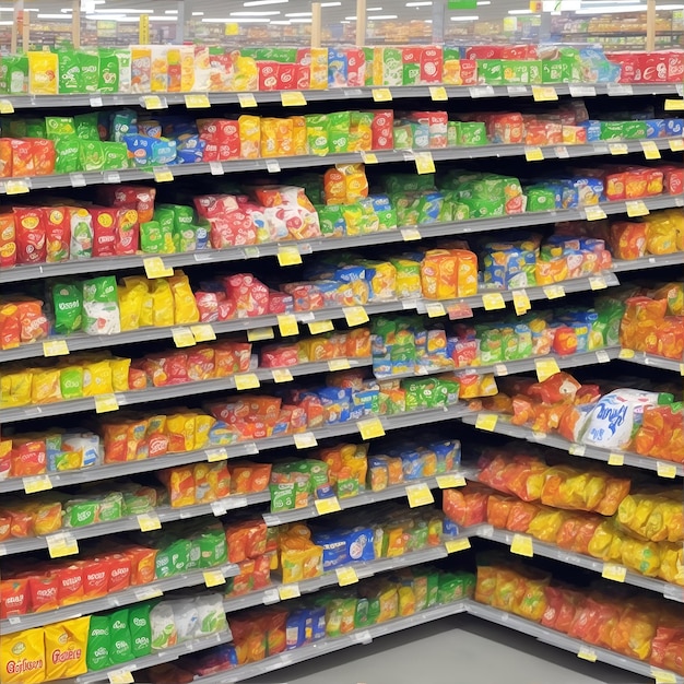 Une allée de magasin pleine de croustilles et autres collations