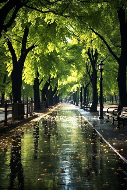 Photo une allée de parc pluvieuse au printemps avec des arbres verts et des flaques de eau qui se forment sur les sentiers.