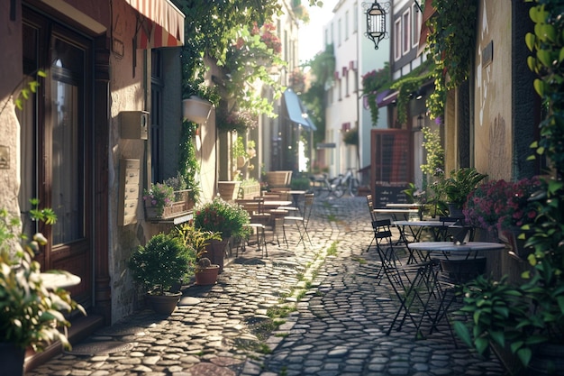 Une allée de pavés pittoresque bordée de cafés octan