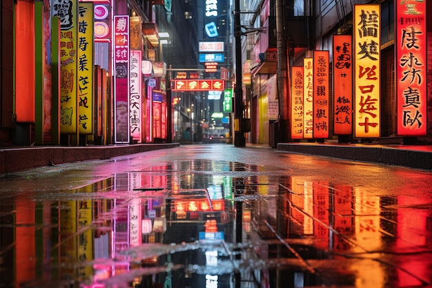 Une allée trempée de pluie avec des flaques de eau reflétant des panneaux de néon