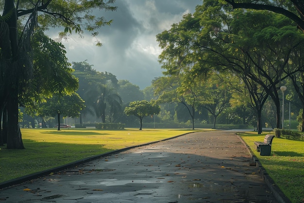 Photo allée vide avec banc dans un parc tropical par temps nuageux après la pluie