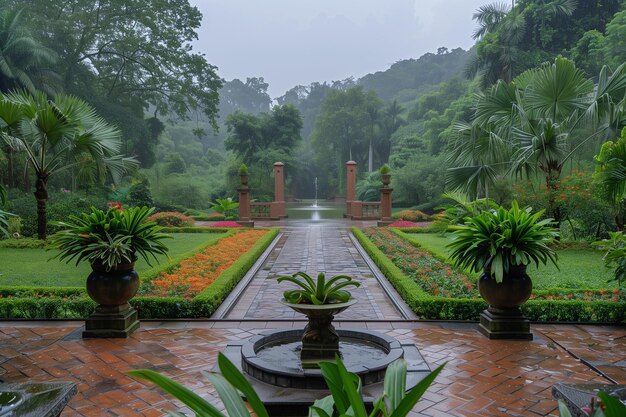 Photo allée vide dans un jardin tropical par temps nuageux après la pluie