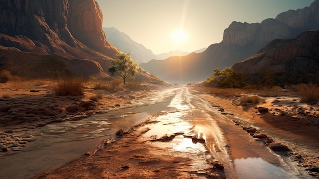 Allégorie sur le changement climatique Un chemin de terre et une rivière à sec dans le désert près d'une montagne dans le style de l'IA générative fissurée