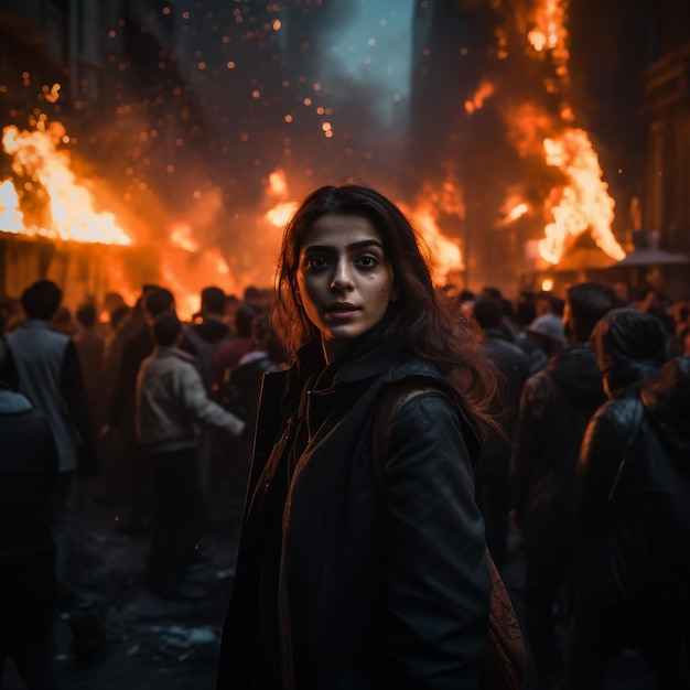 Allemagne Hambourg, juillet 2017 - Des manifestants se tiennent devant le feu pendant le sommet du G20 à Hambourg.