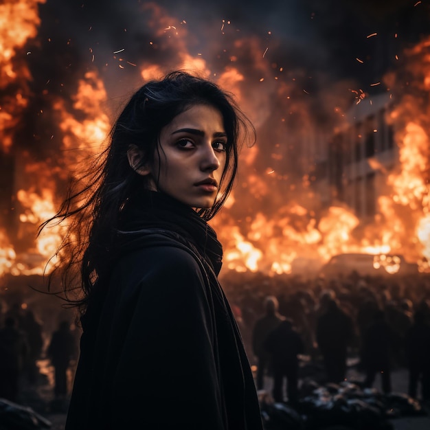 Allemagne Hambourg, juillet 2017 - Des manifestants se tiennent devant le feu pendant le sommet du G20 à Hambourg.