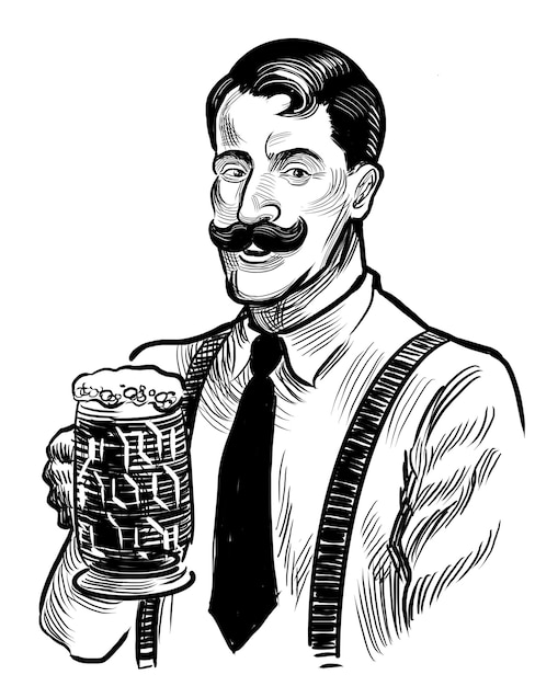 Allemand buvant de la bière Homme pointant vers le haut Illustration en noir et blanc de style rétro dessinée à la main