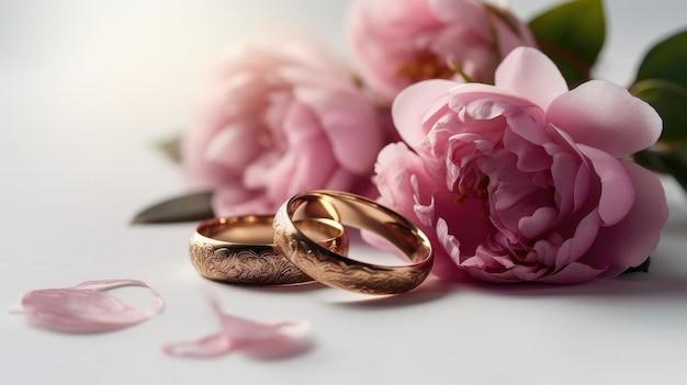 Les alliances d'un couple sont posées sur une table avec des fleurs.