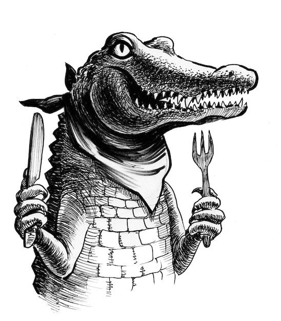 Alligator affamé avec couteau et fourchette. Dessin noir et blanc à l'encre