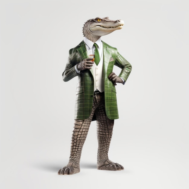 Un alligator élégant en costume vert tenant une commission de vin pour Mike Campau